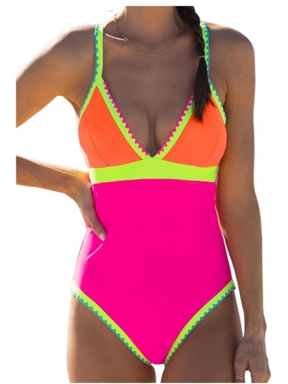 Womens XXL One Piece Swimsuit Neon Color Block Contrast Cross Strap Modest